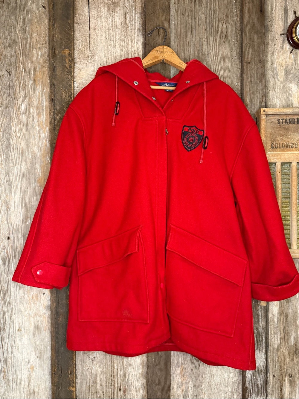 VTG 80s Polo Ralph Lauren 100% Wool Red Oversized Hooded Duffle Coat: Small